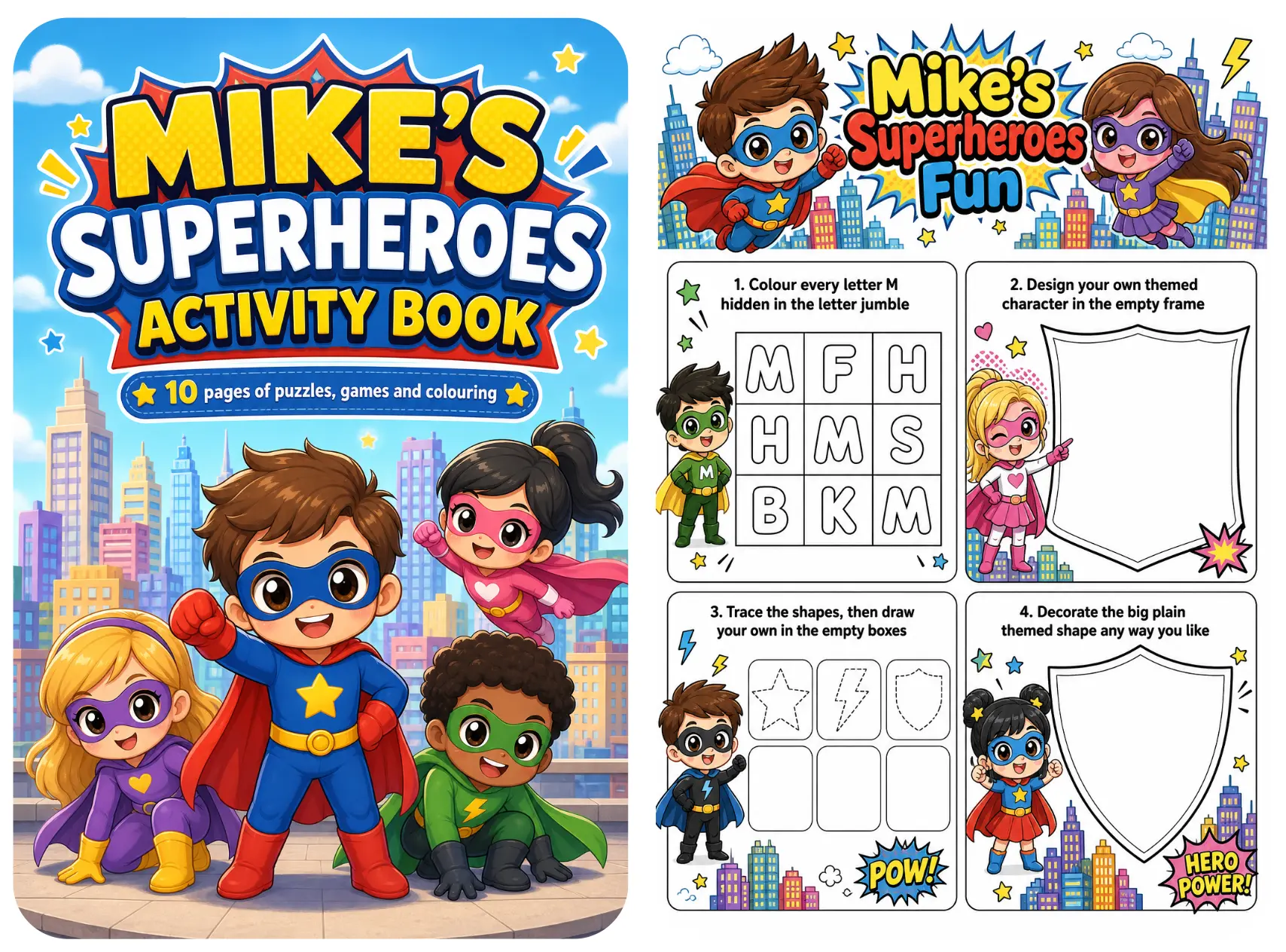 Sample superhero activity book cover and inside page
