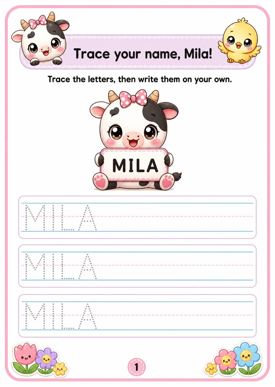 Their name to trace example page personalised for a child called Mila